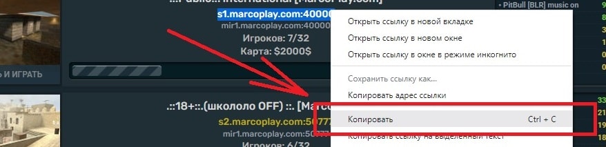 Копировать адрес игрового сервера